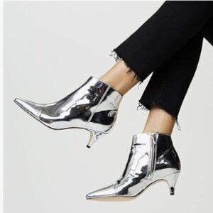 XYD Women Chic Low Kitten Heel Ankle Boots Pointed Closed Toe Side Zipper Sliver